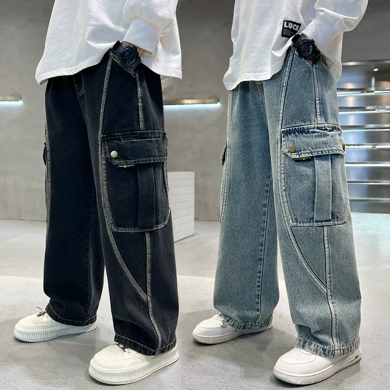 

New Boys' Straight Leg Cargo Jeans Teenage Children Wide Leg Denim Pants for Kids Loose Pockets Trousers Spring Autumn 5 -15Yrs