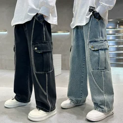 New Boys' Straight Leg Cargo Jeans Teenage Children Wide Leg Denim Pants for Kids Loose Pockets Trousers Spring Autumn 5 -15Yrs