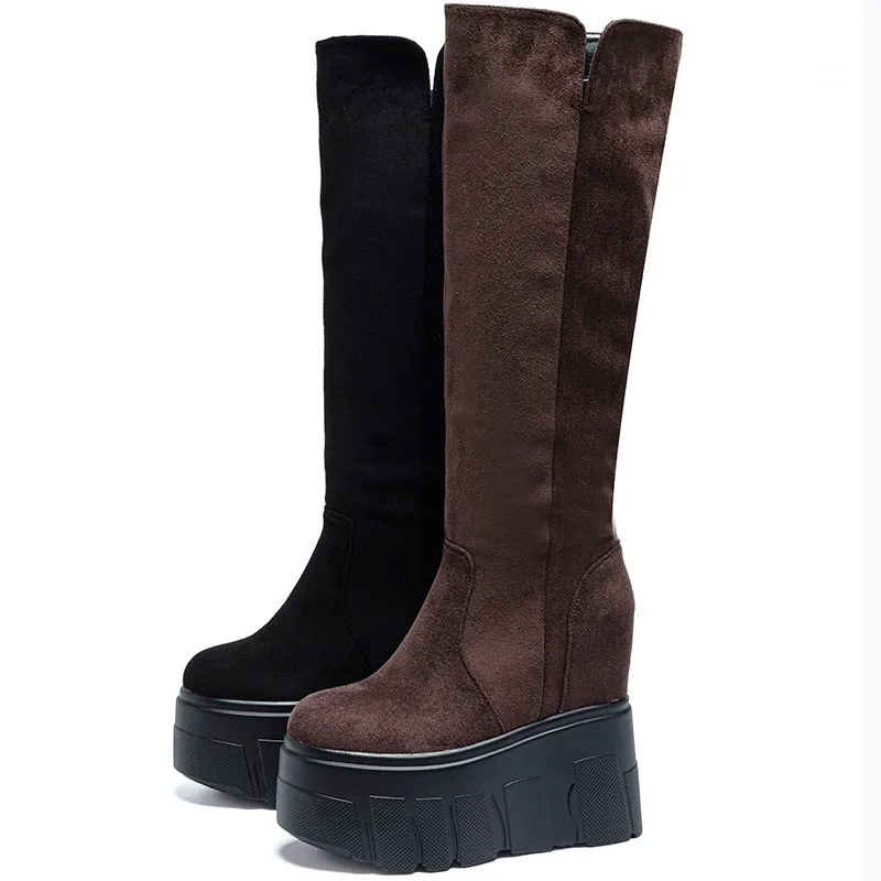 14cm Fashion Genuine Synthetic Suede Leather High Top Boots Women Booties Knee High Platform Wedge New Brand Autumn Winter Shoes