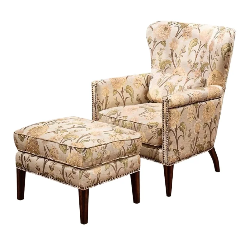 

American all-solid wood fabric leisure chair with pedals, living room sofa single chair, balcony retro