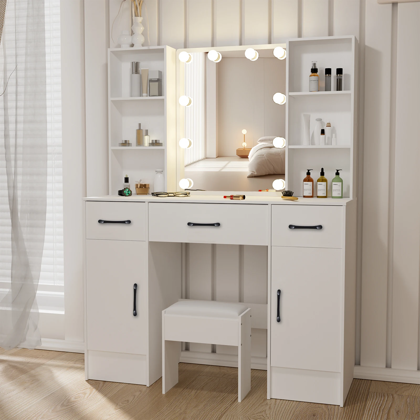 【صفقات 11.11، عروض الجمعة السوداء 2025】طاولة تزيين مع مرآة لمبات LED و3 أدراج ومجموعة مقاعد ومجموعة مكياج مكتب الغرور