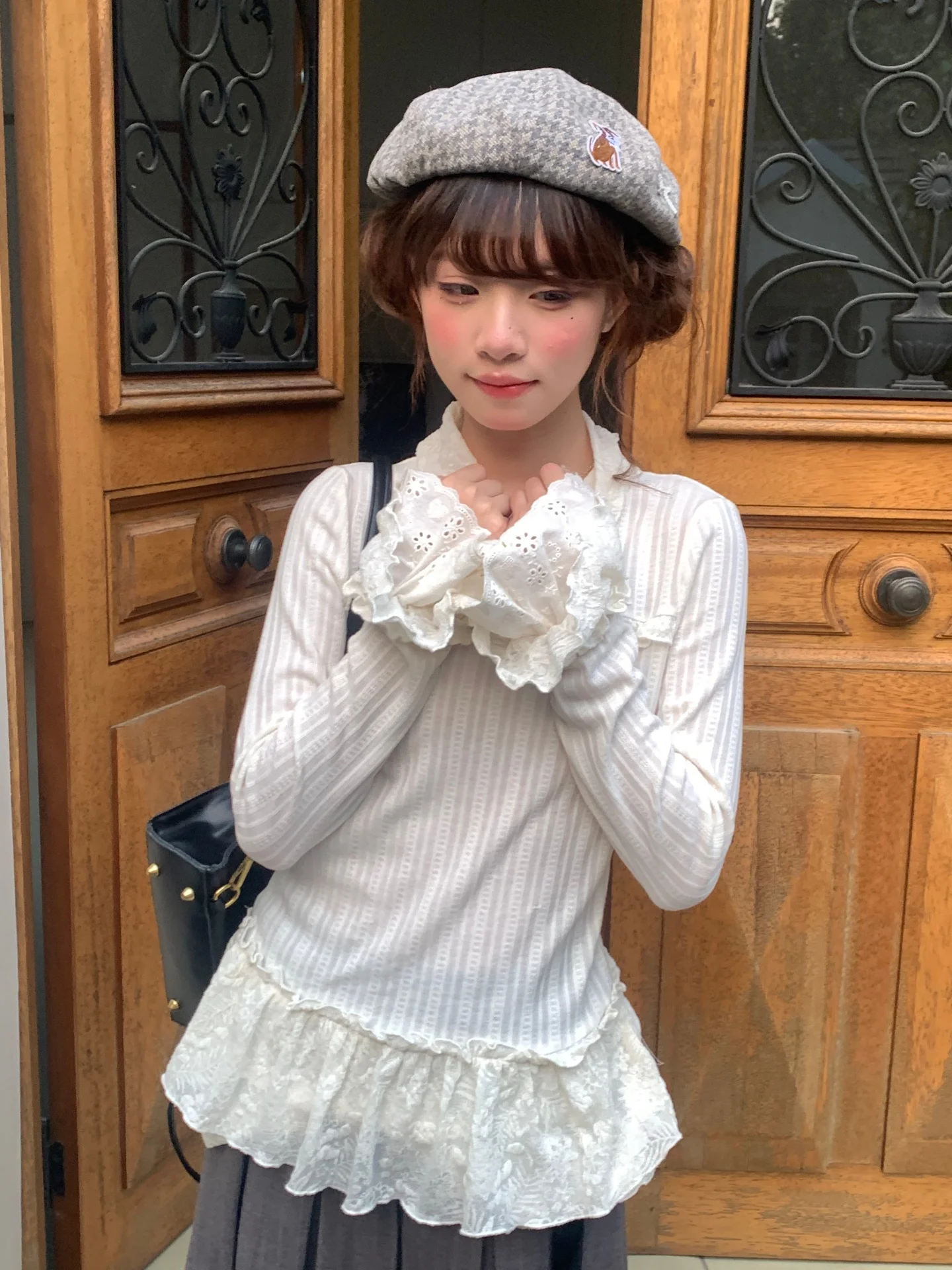 Sweet Style Knitted Lace Trim Bell Sleeve Midi Base Shirt Milk White for Autumn Commuting Daily Outdoor Girls Ladies T-shirt