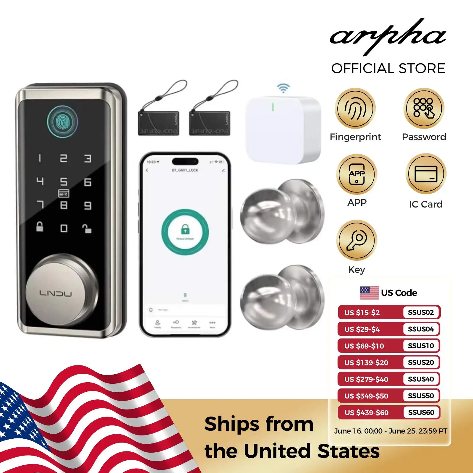 

LNDU Smart Lock G601N 2.4GHz WiFi Keyless Entry Smart Door Lock with Handle Set 360° Live Fingerprint Fob Unlock Home Security