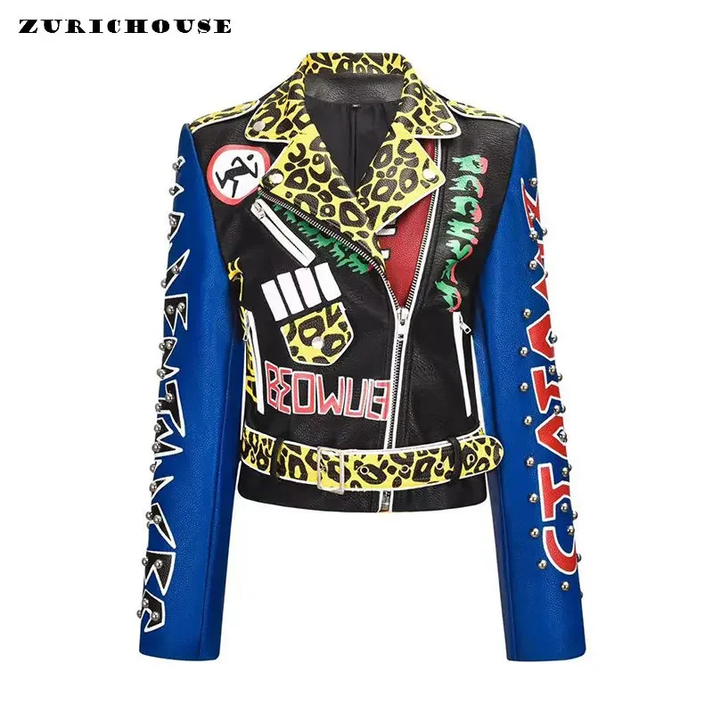 

Contrast Graffiti Print Cropped Leather Jacket Women 2024 New Streetwear Punk Studded Faux Leather Slim-fit Motorcycle Jacket