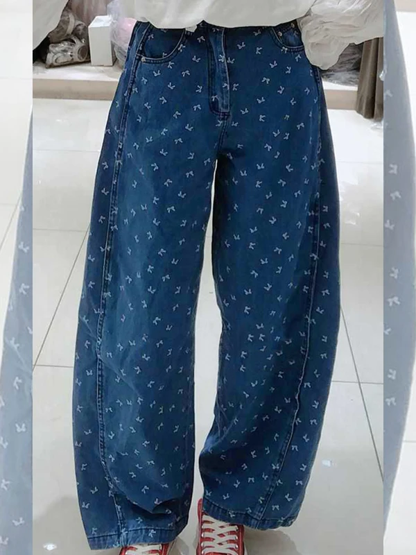 

Blue Printed Wide Leg High Waist Casual Jeans Women's Summer New Style Loose Slimming Long Pants Drapey Straight Cut Denim