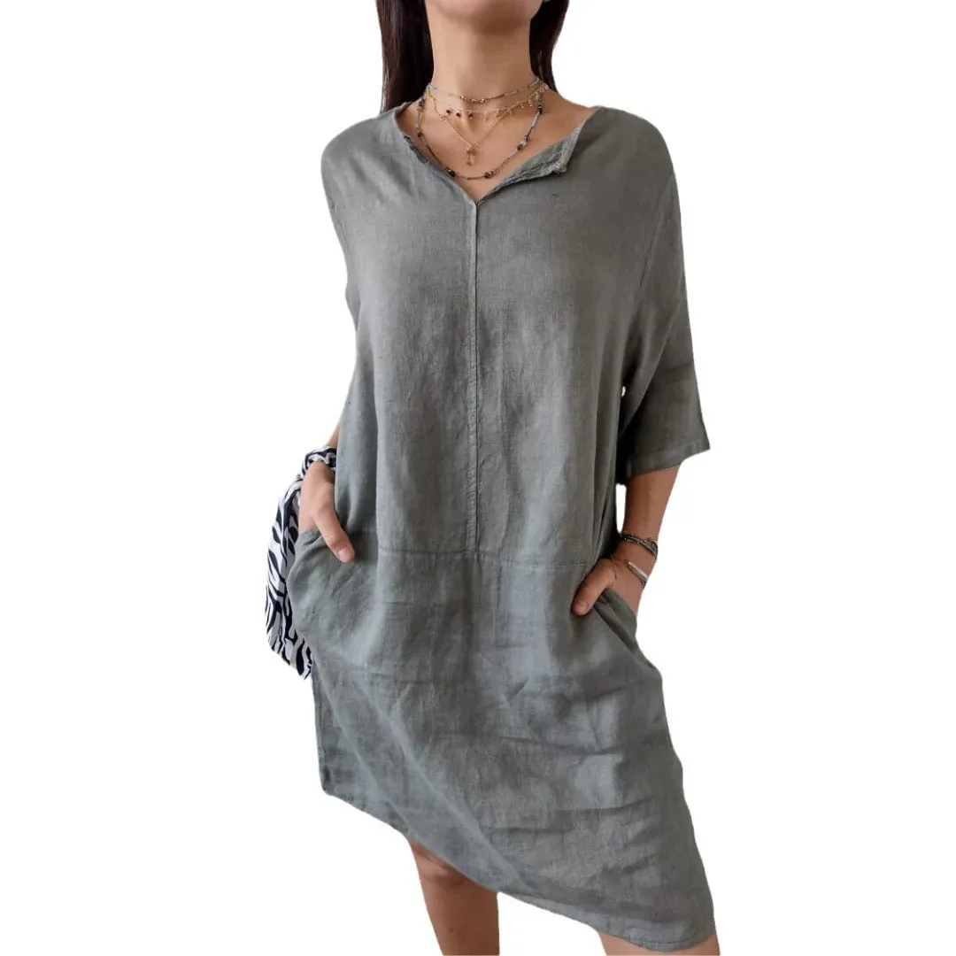 Spring And Summer Women's Clothing Linen Cotton V-Neck Loose Casual Pocket Short Sleeve Dress