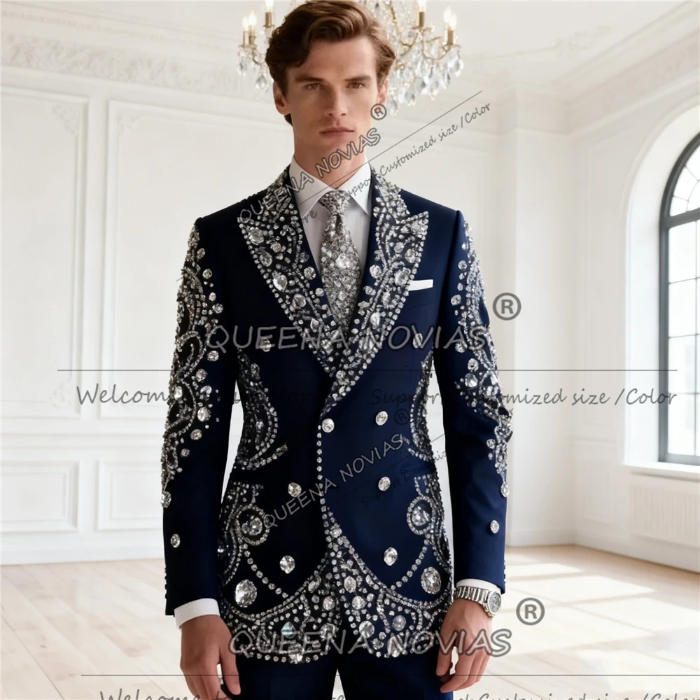 

Свадебный костюм жениха с блестящими стразами, наряд для мужчин, индивидуальные комплекты из 2 предметов, мужские банкетные смокинги из бисера Terno Masculinos 2026