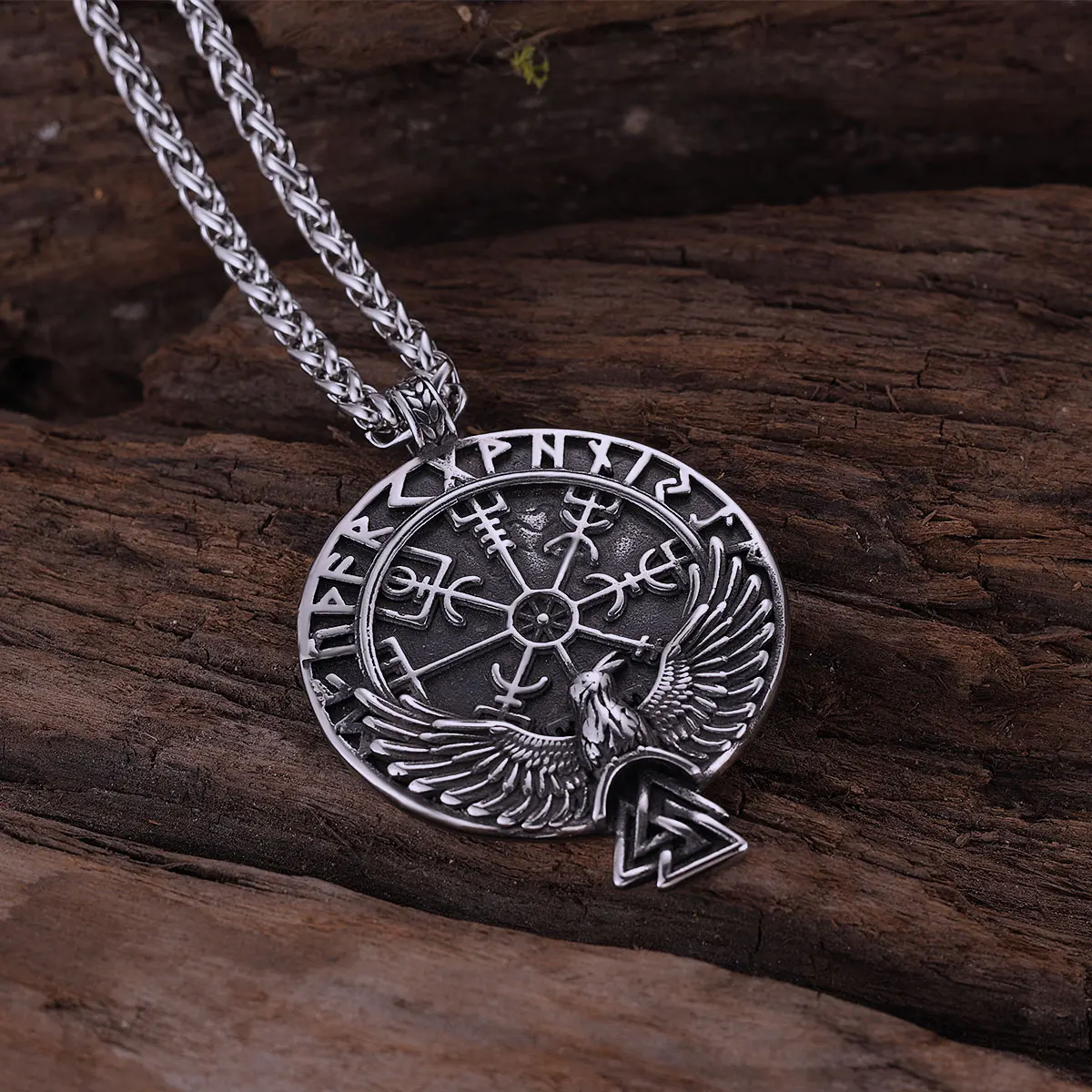 Nordic Viking Stainless Steel Odin Valknut Raven Necklace Retro Runic Compass Symbol Amulet Pendant for Boyfriend Gift