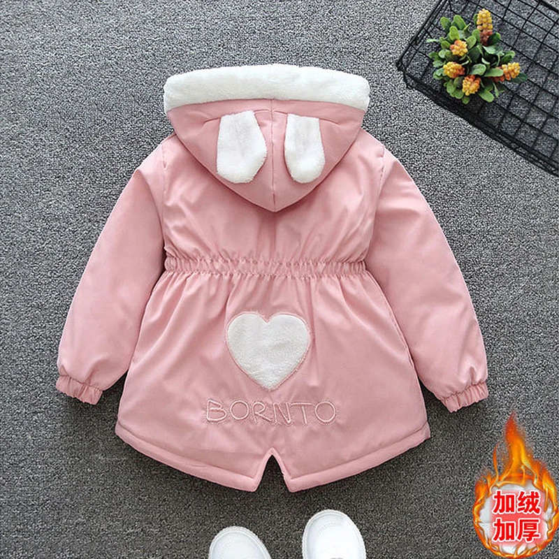 2024 Autumn Winter Thick Warm Girls Jacket New Fashion Love Pattern Kids Windbreaker Coats For Girl Hooded Outwear Birthday Gift