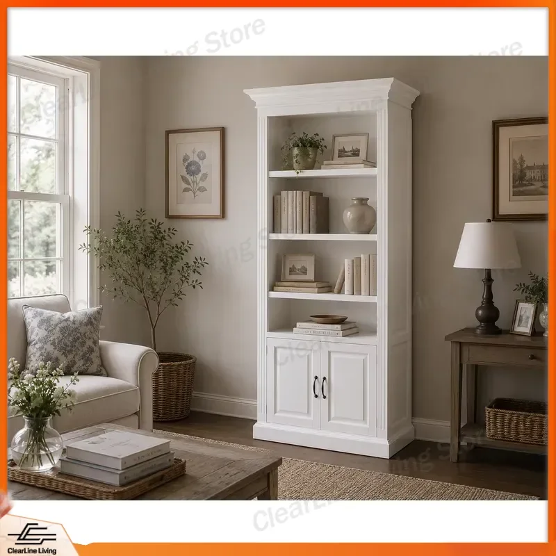 Modern Solid Teak Bookcase with Lockers Open Display Shelves Durable Wood Storage Cabinet for Living Room Home Office Library