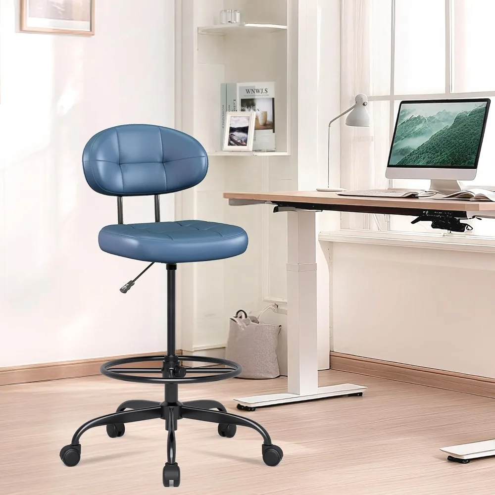 Drafting Chair Without Arms, Tall Office Chair with Footrest Ring, Faux Leather, Navy Blue