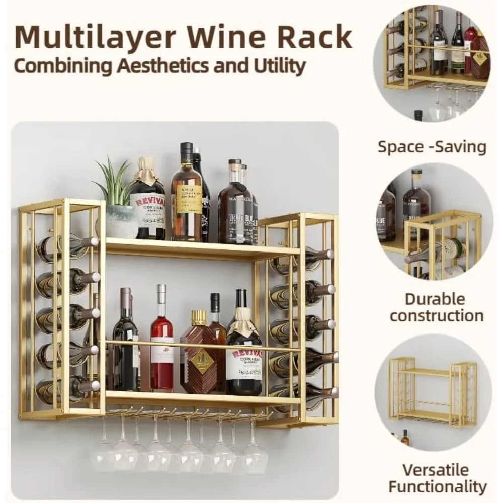 رف نبيذ أنيق مثبت على الحائط من المعدن والزجاج لتخزين فعال في الحانات المنزلية والمطابخ