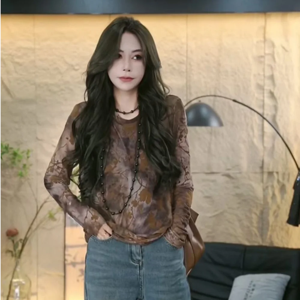 تي شيرت بأكمام طويلة للمراهقين والنساء بحاشية بتلات ربيعية وخصر برباط وطيات بسيطة وطبقات منعشة وبسيطة ونظيفة حضرية #3