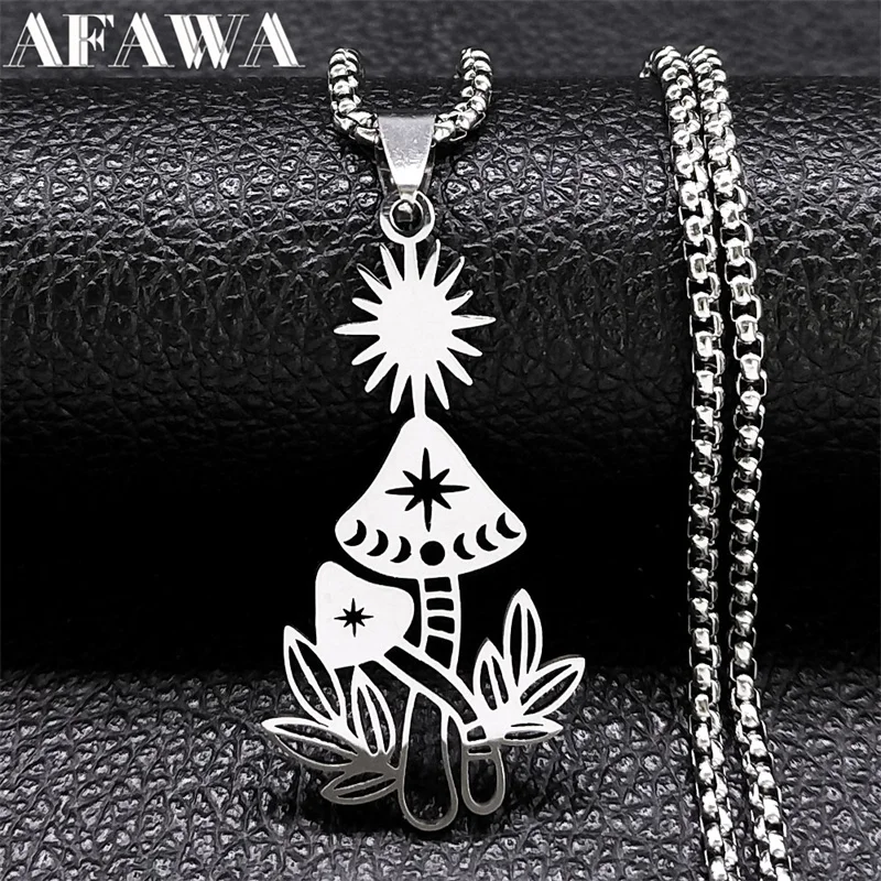 Wicca Mushroom Star Triple Moon Phases Necklace for Women/Men Stainless Steel Witch Magic Pagan Chain Necklaces Jewelry collar