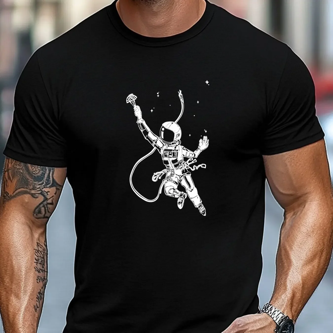 100% Pure Cotton Summer Men's and Women's Short-Sleeved T-Shirt, Space Walk Astronaut Pattern Simple and Casual Fashion