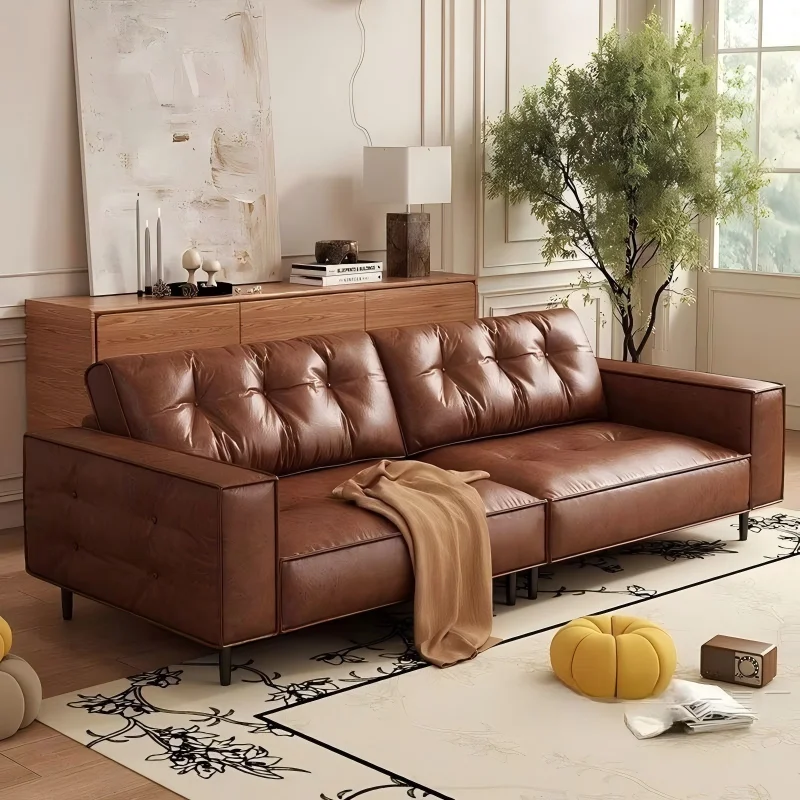 #Retro Oil-Waxed PU Movable One-Seater Sofa Minimalist Mid- Straight-Line Design Italian-Inspired Living Room High Elastic