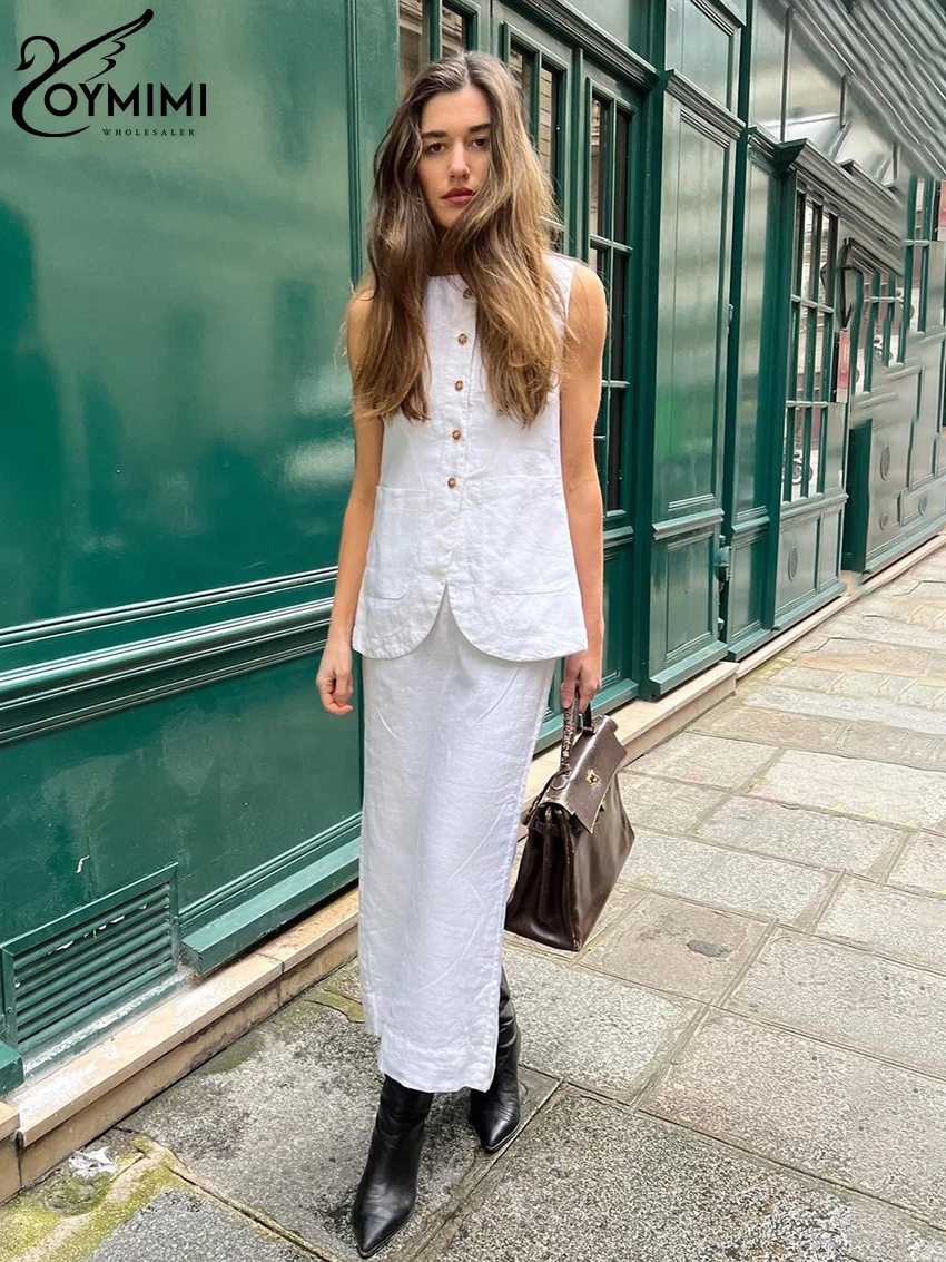 Oymimi-Jupe longue en coton blanc pour femme, ensemble 2 pièces, élégant, à la mode, haut avec taille haute, streetwear