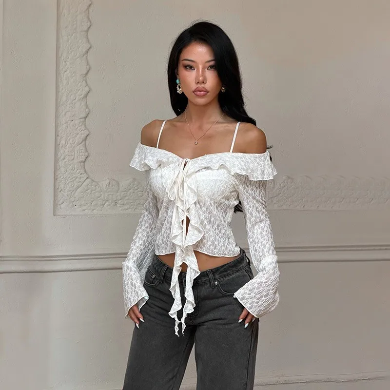 MsChuh Camisetas T Shirt Tees Long Sleeve Tops Blusas Sexy French Casual Slim Fashionable Lace Flared Sleeve One Line Neck Chic