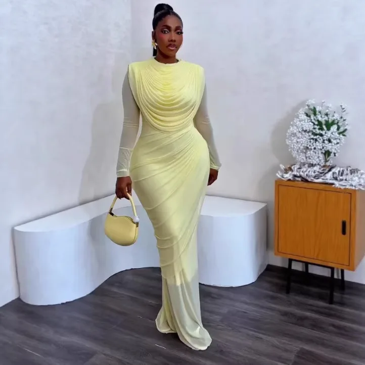 Mermaid Dress Women Round Neck Full Sleeve Hip Wrap Elegant Splice Mesh Party Night Evening Y2k Slim Fit Dating 2026 Summer