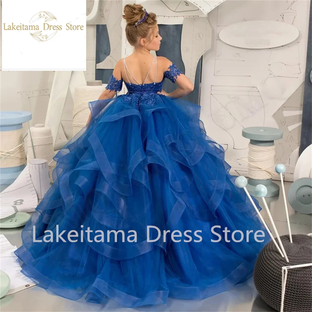 Royal Blue Flower Girl Dress Tulle Puffy Layered Appliques Short Sleeve For Wedding Birthday Party Banquet Princess Gowns