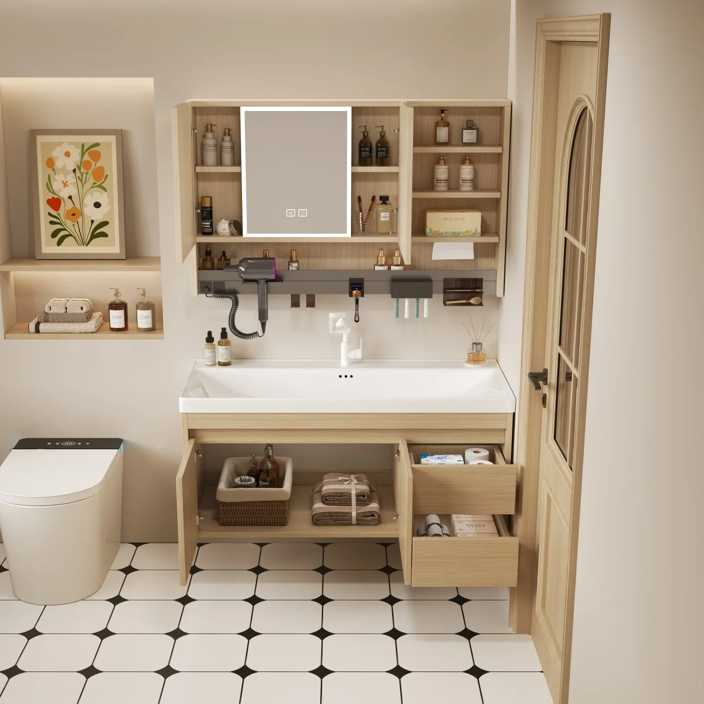 40 wide log color honeycomb aluminum bathroom cabinet ceramic integrated basin hidden multi-functional feng shui
