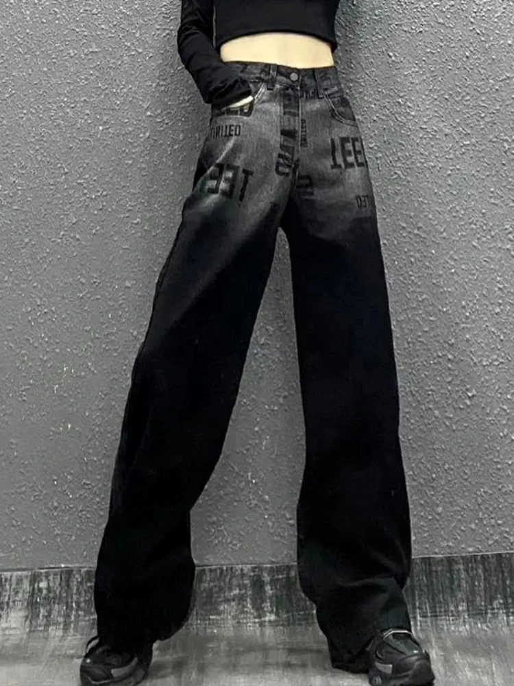 

Black Gothic Streetwear Women Jeans Spring Autumn New 2023 Vintage High Waist Denim Pants Loose Trousers Female