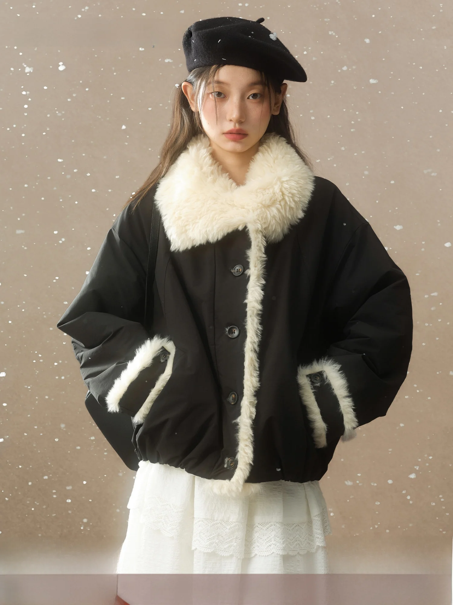 

Женская хлопковая куртка Babymoon с меховым воротником, комбинированная зимняя верхняя одежда, черное хлопковое пальто свободного кроя с длинными рукавами