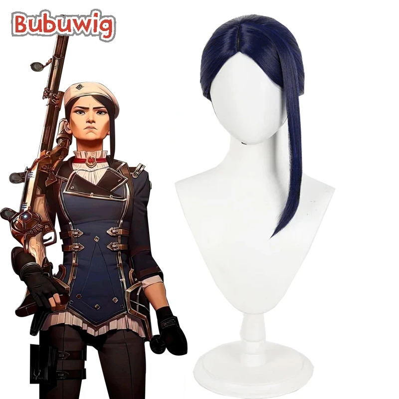 Bubuwig Synthetic Hair Arcane Caitlyn Cosplay Wigs LOL Season Arcane Caitlyn 2 50cm Long Straight Dark Blue Wig Heat Resistant