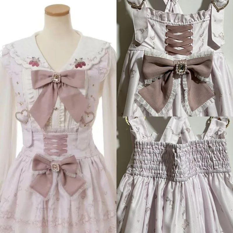 

Bow Strap Skirt Dresses Y2K Love Japan Landmine Dire Ribbon Bow Diamond Studded Buckle Detachable Printed Strap Skirt Dresses