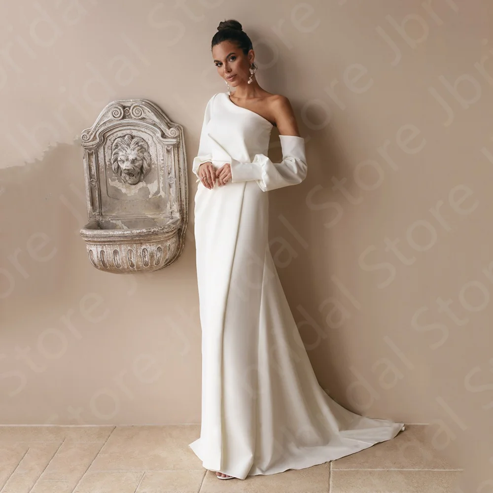 Simple Modern Long Sleeves Wedding Dresses Off Shoulder Bride  Side Split Bridal Gowns Beach  Gown Sweep Train