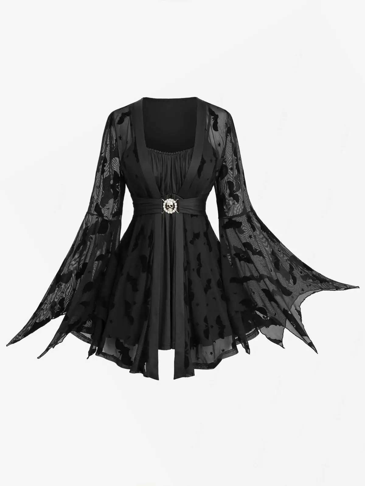 

ROSEGAL-Plus Size Women's Blouse Bat Mesh Flocking Asymmetric Flare Sleeves Ruched 2 in 1 Belted Top Black New Casual Customs