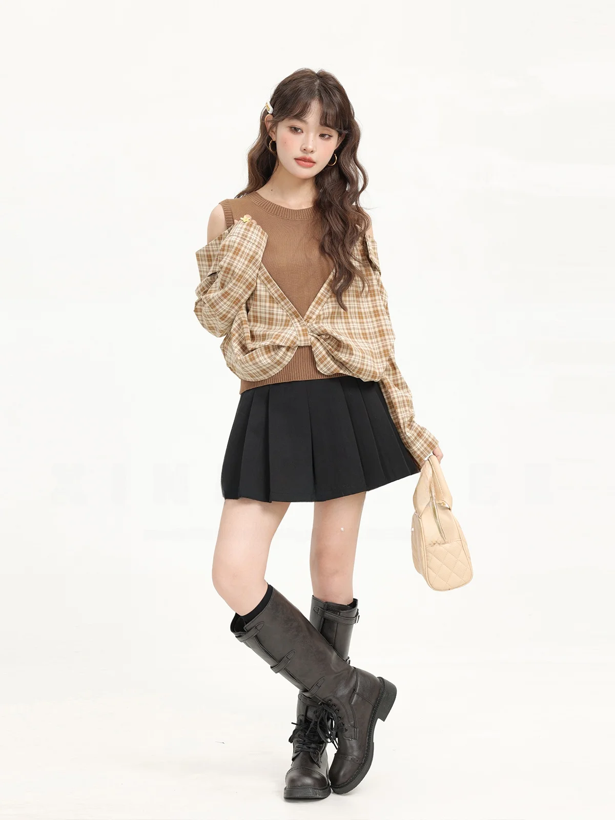 Retro Knitted Plaid Shirt Shoulder Bared Korean Style Short Top for Women Commute Style Slim Fit Long Sleeve round Neck China...