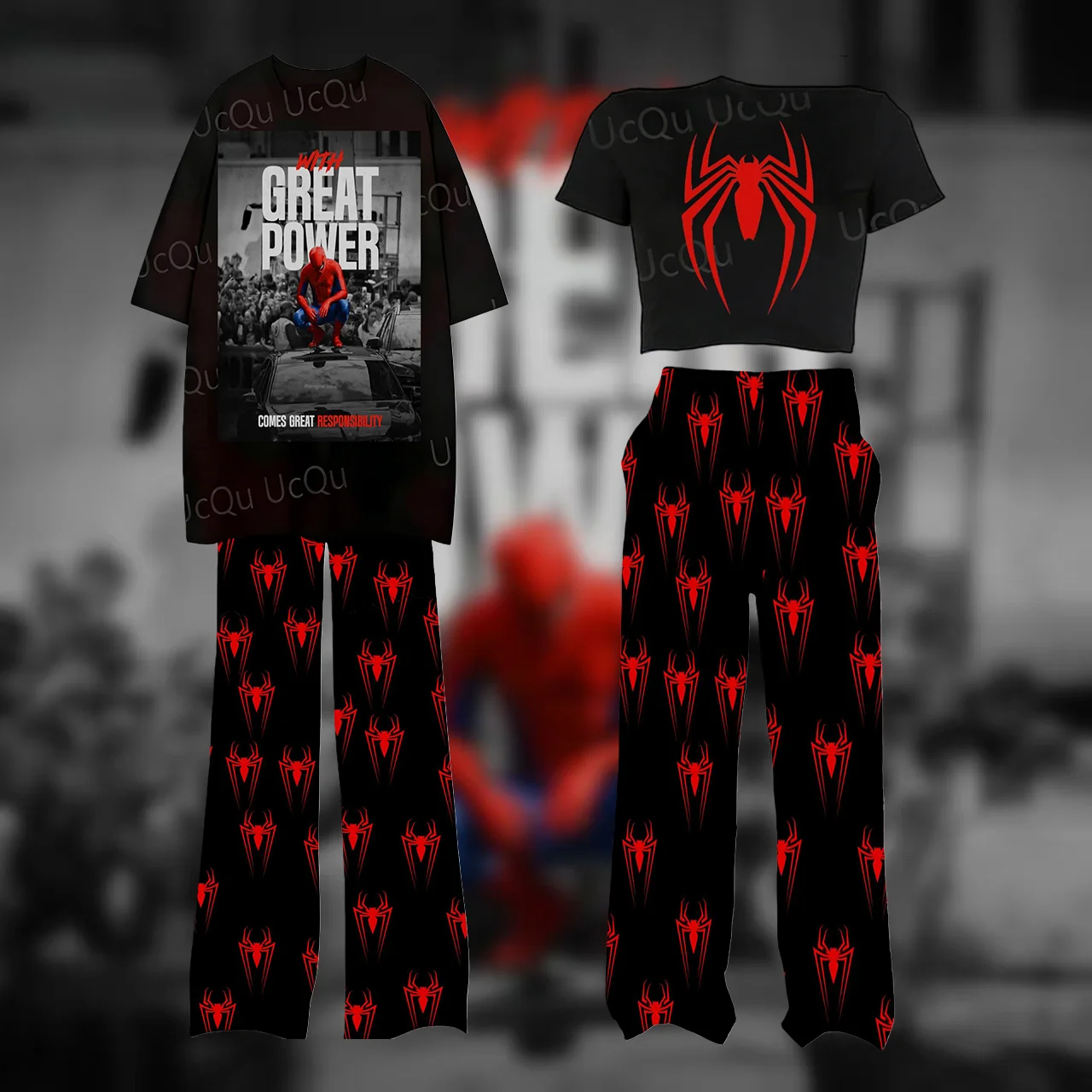 2026 Summer New Arrival Spider-Man Crop Top UCQU Set Loose Pajama Pants Set, Adult/Kids Couple Outfit