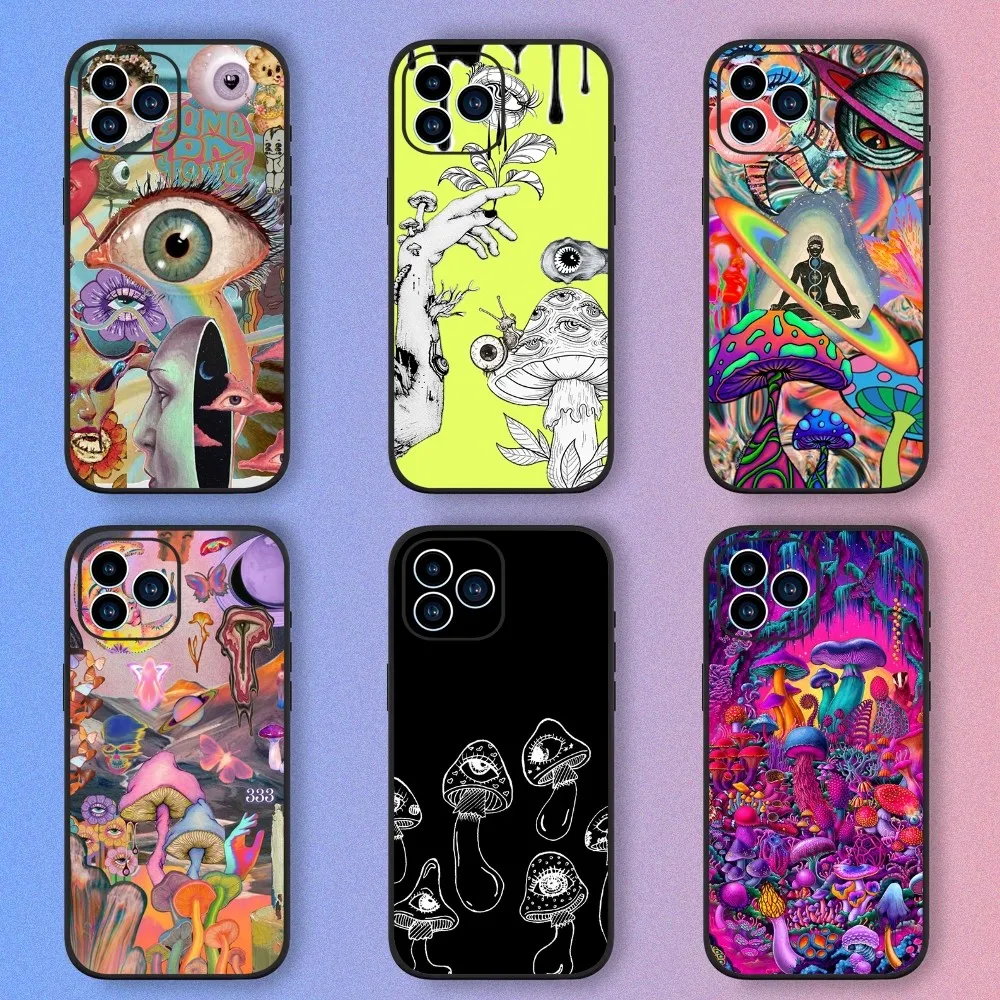 Trippy Psychedelic Mushrooms Eye Phone Case For iPhone 15,14,13,12,11,XS,XR,X,8,7,Pro,Max,Plus,mini Silicone Black Cover