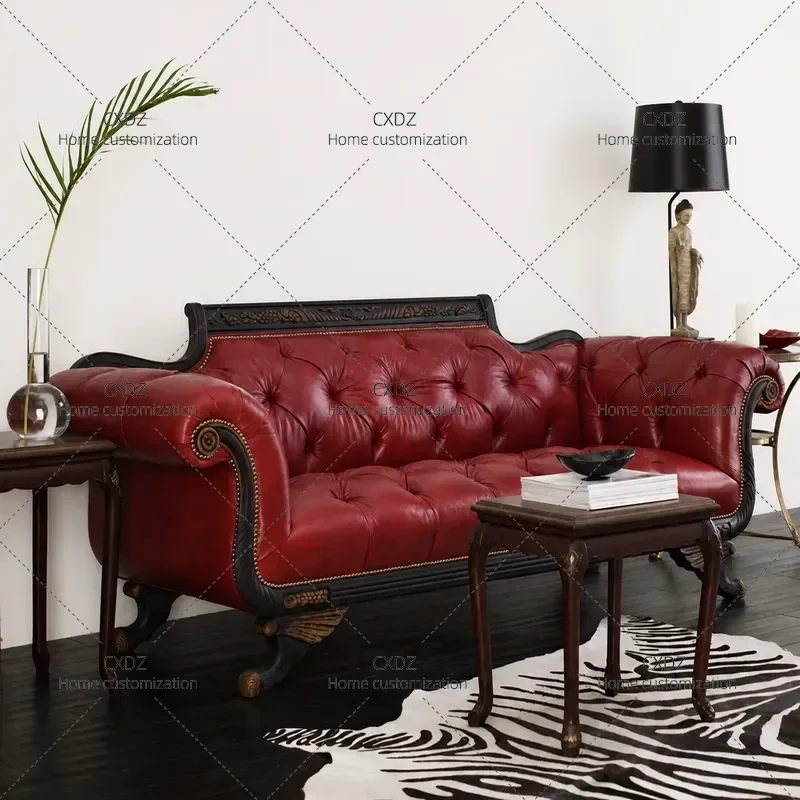 Light Luxury Red Leather Art Sofa Single High Backrest Living Room Retro Buckle Decorative Sofa