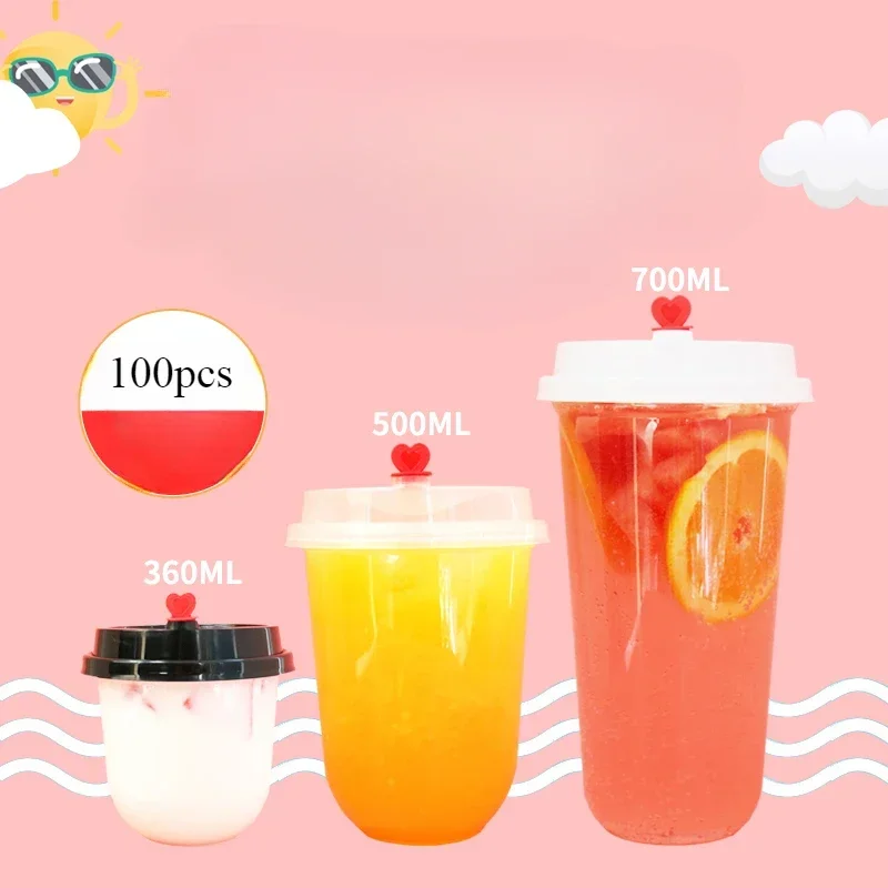 100pcs 95/90mm Caliber Disposable U-shaped Cup with Lid Milk Tea Coffee Juice Packaging Mug Thick Transparent Plastic PP Cups