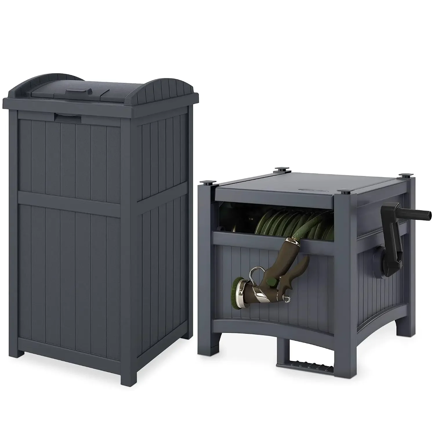 100' Resin Garden Hose Reel & Hideaway Outdoor 33 Gal Garbage Bin, Grey