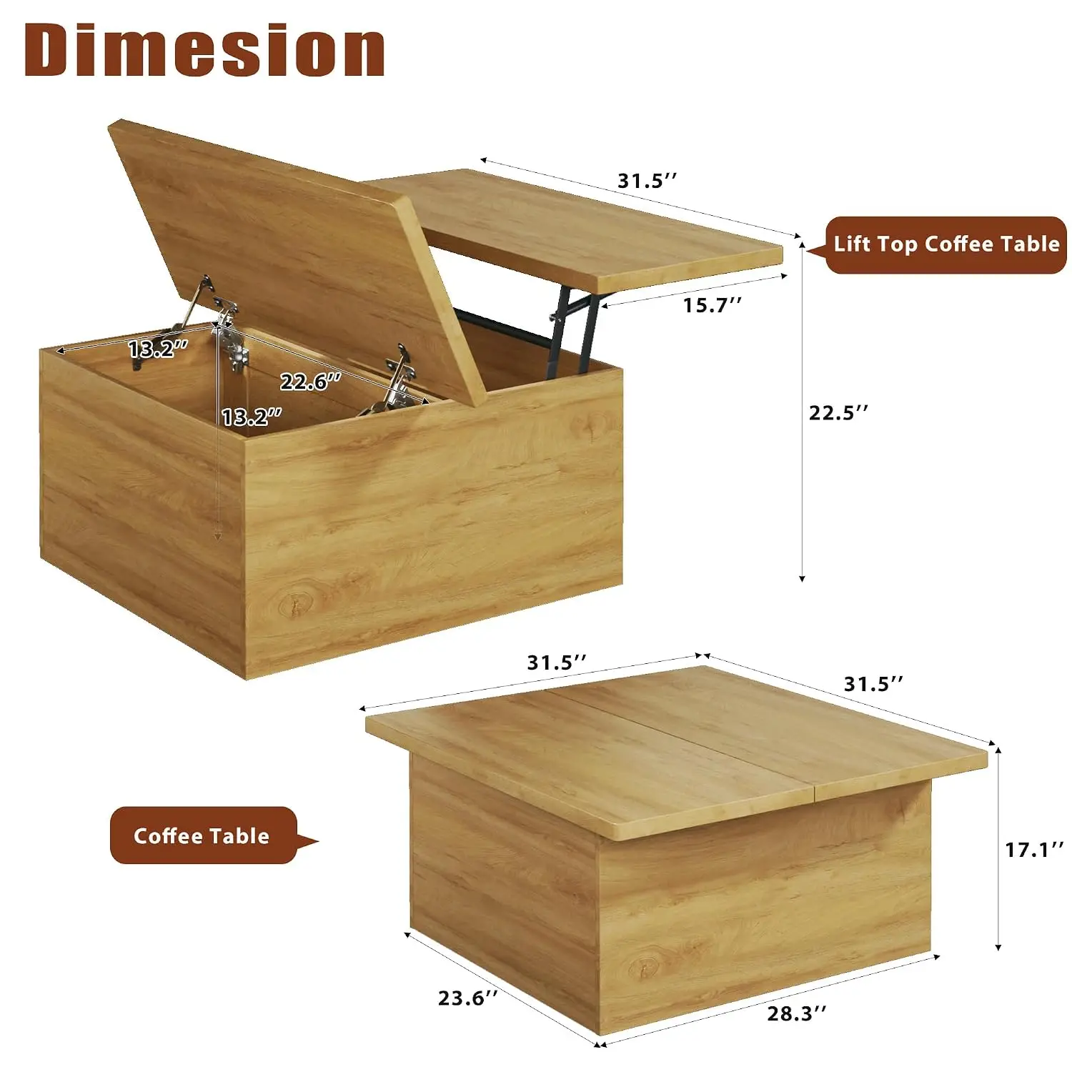 Square Lift Top Coffee Table With Storage, 31.5