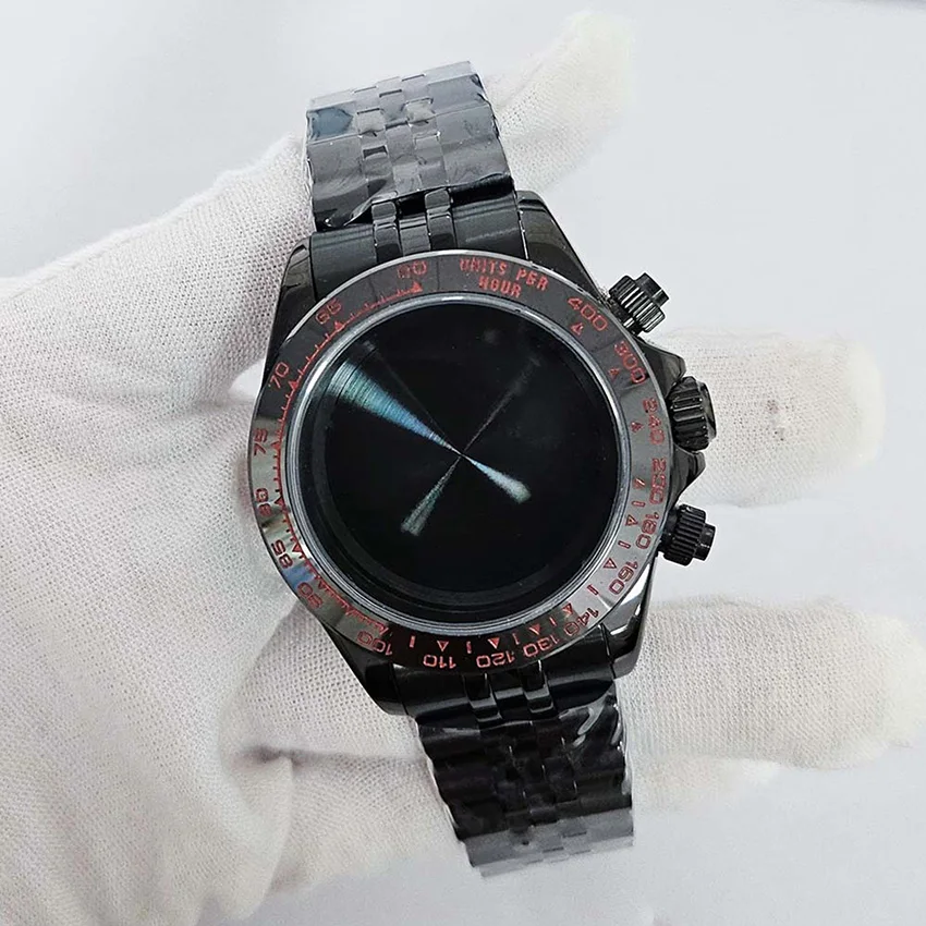 39mm VK63 Case Black Stainless Steel Watch Case + Watch Strap Set for VK63 Quartz Movement Watch Shell with Bracelet Accessories