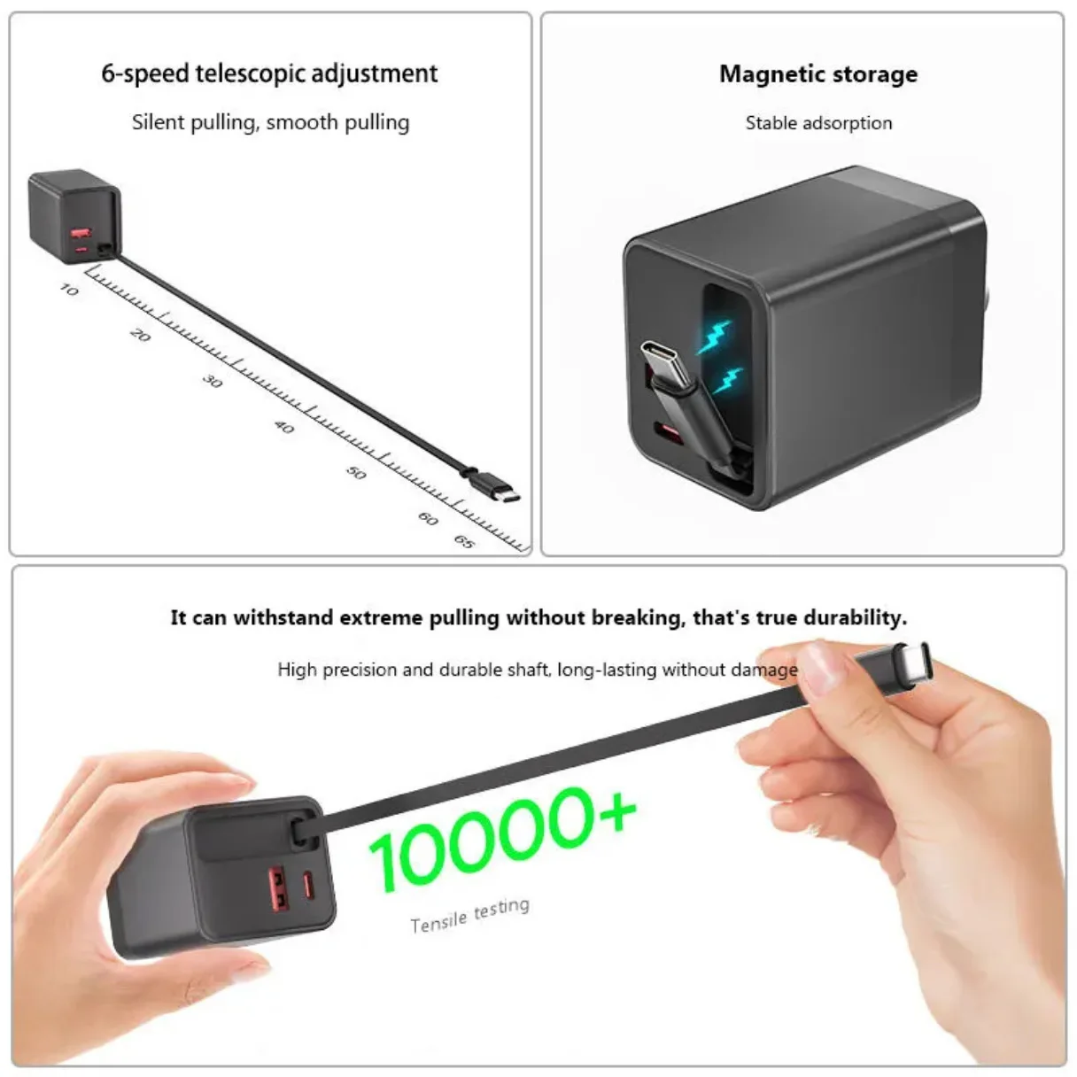 65W GaN Charger With Retractable Cable PD Fast Charging Power Adapter Compatible With Type-C Devices