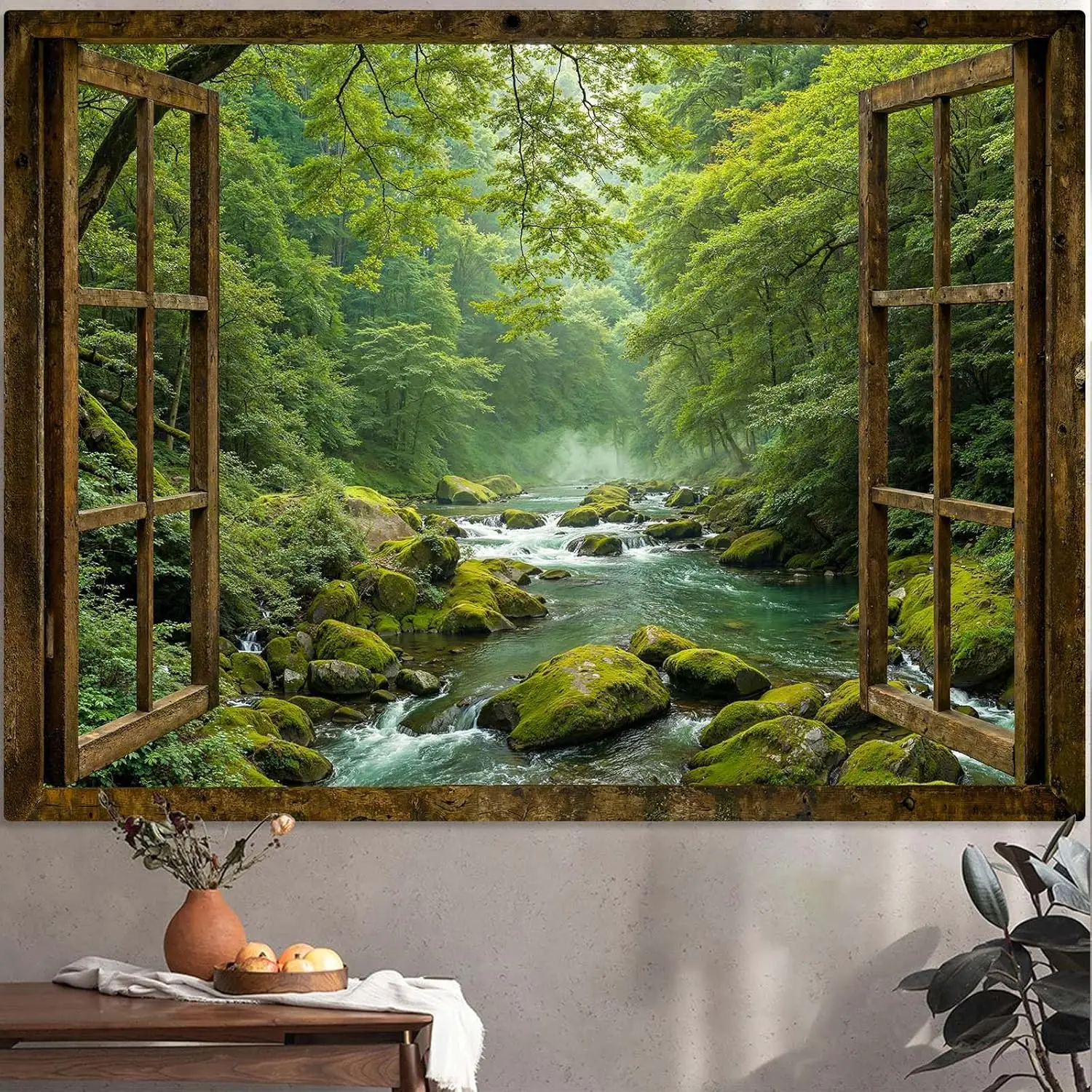 Window Forest Tapestry Green Nature Jungle Wall Tapestry Bedroom Aesthetic Rainforest Stream Outdoor Landscape Small Tapestries