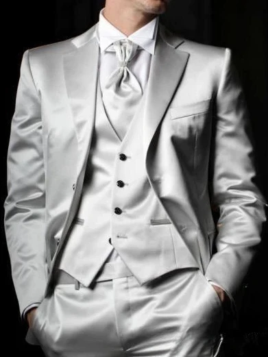 

Italian Sliver Grey Satin Men Suit Formal Wedding Suits For Men Custom Slim Fit Tuxedo 3 Piece Groom Prom Tuxedo Terno Masculino