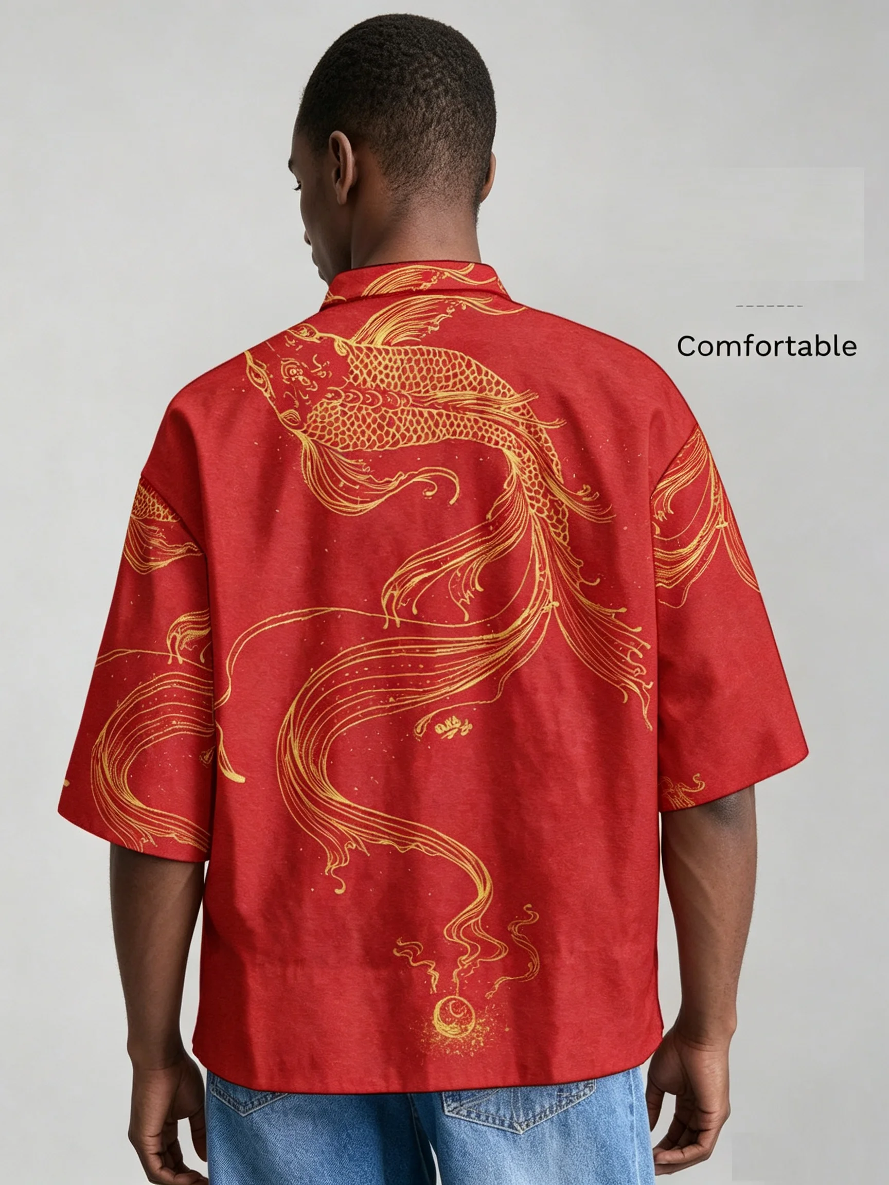Men Chinese Style Frog Button Stand Collar Shirt, Loose Short Sleeve Landscape Phoenix Print Casual Blouse For Summer