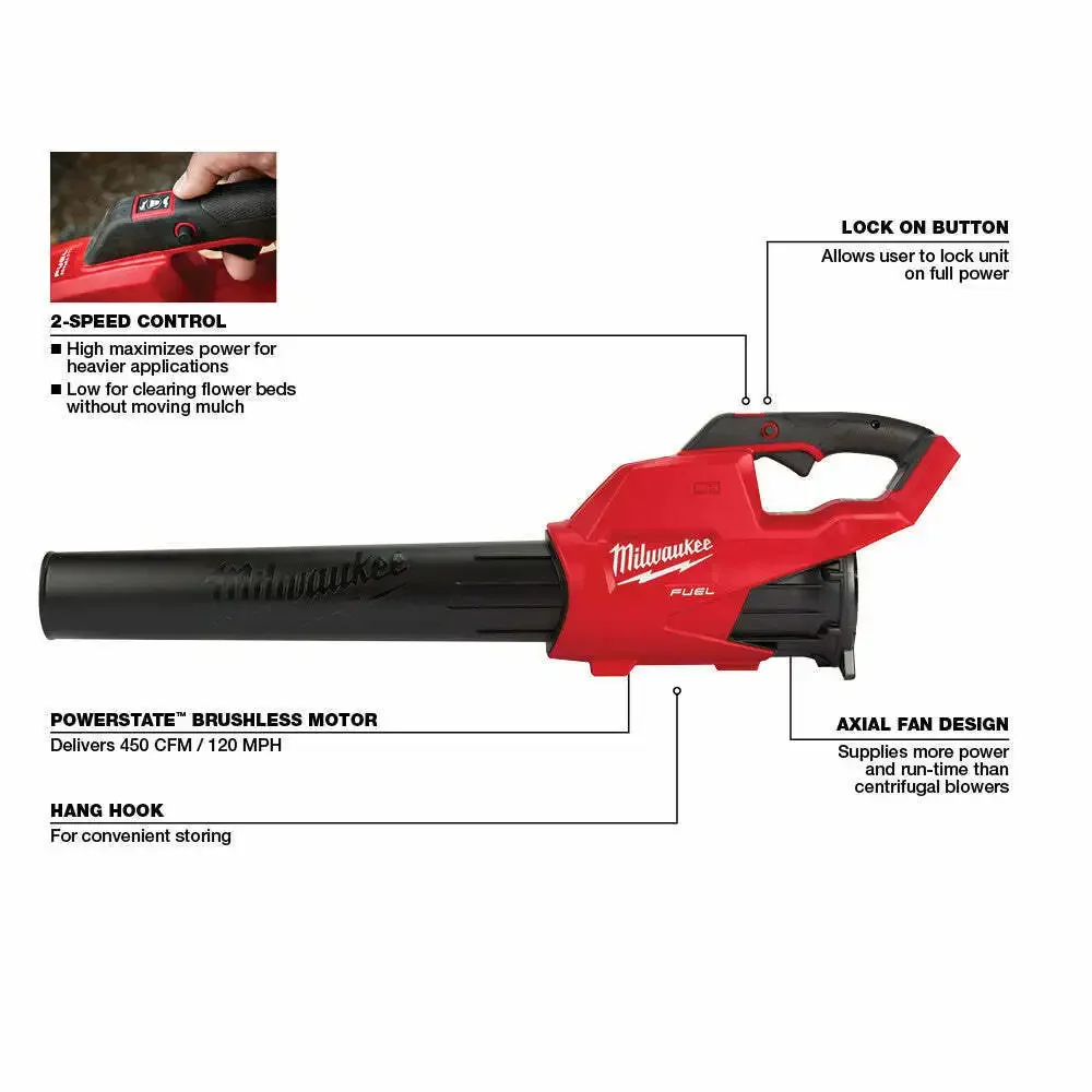 Soprador de folhas sem escova, ventilador de folhas sem fio, Milwaukee M18FBL-0, 2724-20, 4933459825, unidade BARE