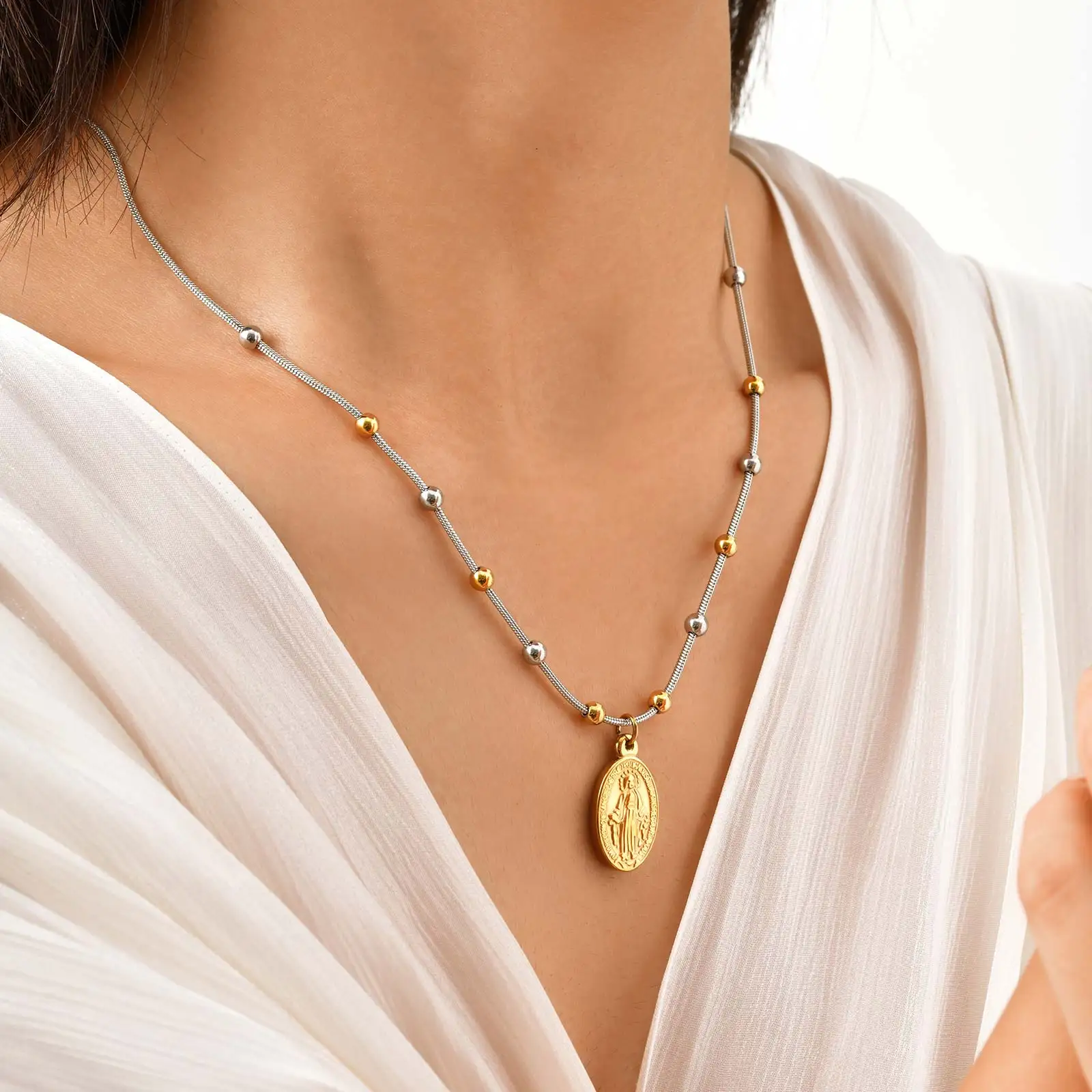 Luxus Retro Rosenkranz Jungfrau Maria Halsketten für Frauen, Edelstahl Perlen Kette Madonna Anhänger Kreuz Schwanz, Religion Beten Schmuck – Detail 6
