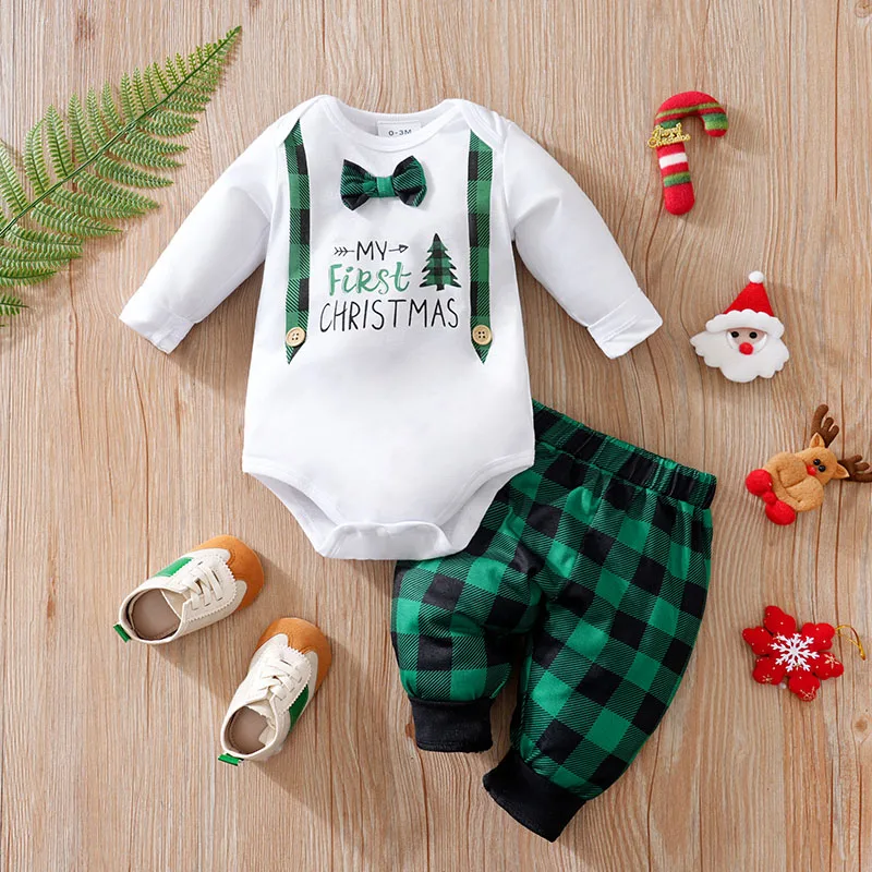 Christmas Newborn Baby sets 2pcs Autumn Green checkered print Gentleman's bow tie long-sleeved Unisex Fashion Baby clothes