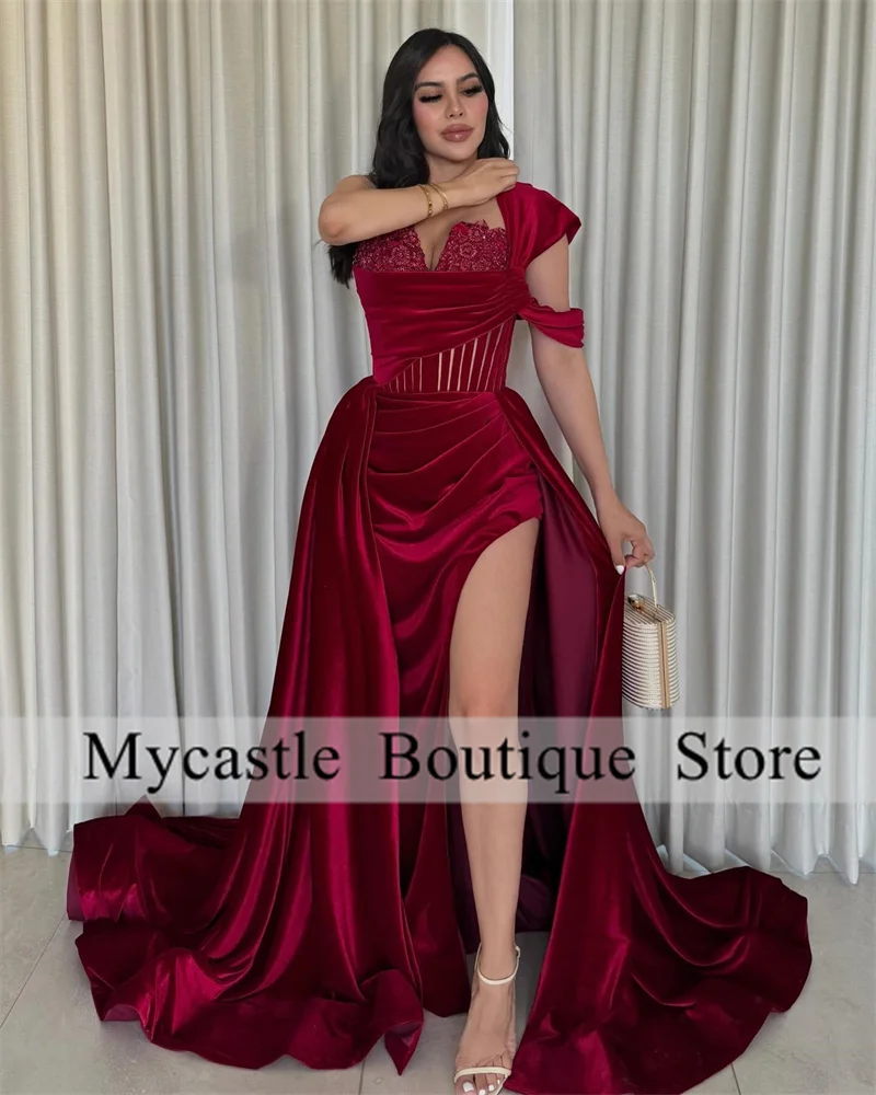 

Burgundy Velvet One Shoulder Mermaid Evening Dresses 2025 Beaded Side Slit Formal Birthday Party Gowns Prom Dress Customized