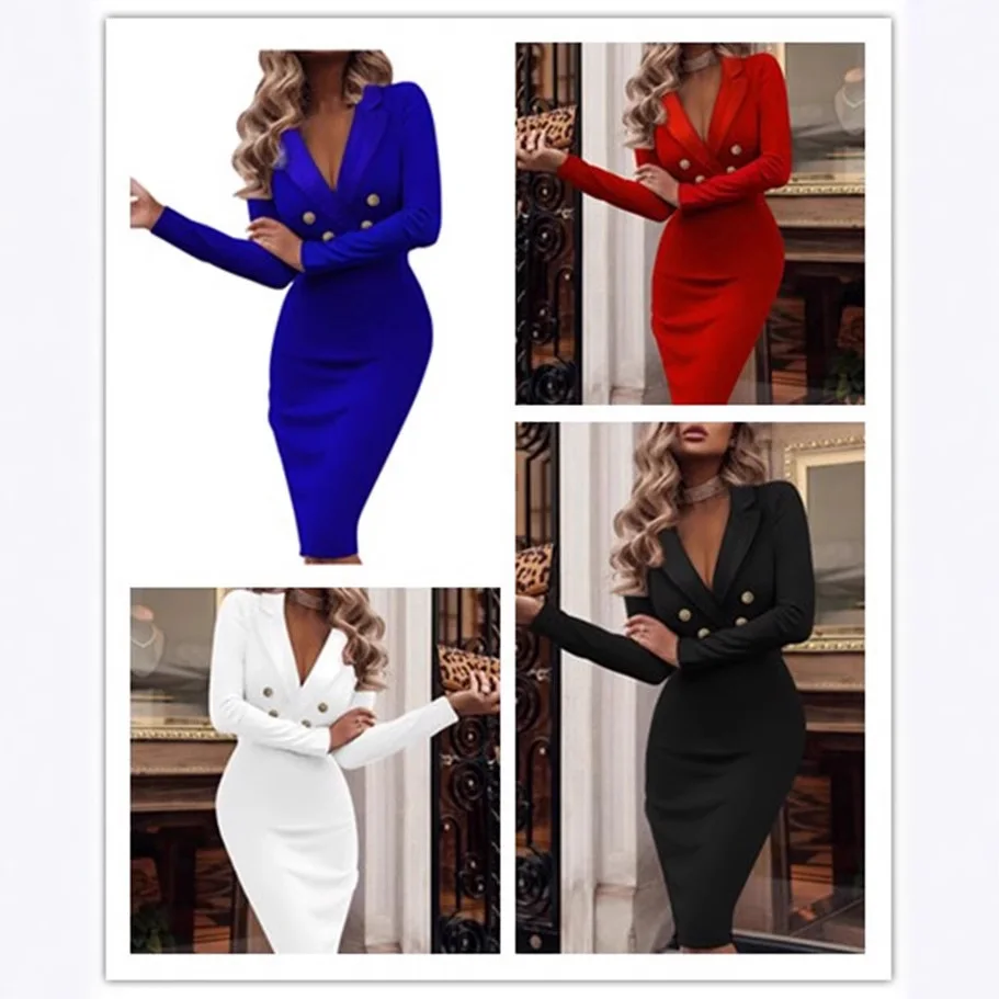 

2025 Autumn and Winter Solid Color V-neck Double-breasted Suit Hip-wrapped Dress Women