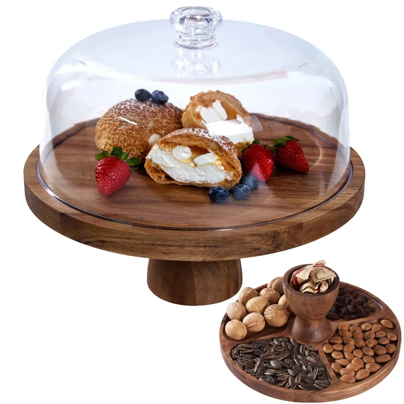 Cake tray Acacia wood snack display rack with transparent acrylic cover to try dessert plate dust-proof glass cover
