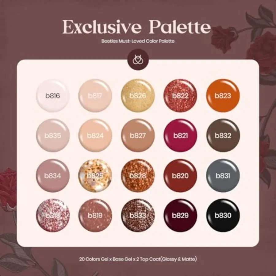 Kit de esmalte em gel de besouros 23 peças outono nude rosa marrom enterrado vermelho conjunto de esmalte em gel com base casaco superior versículo de rosas kit embeber off u